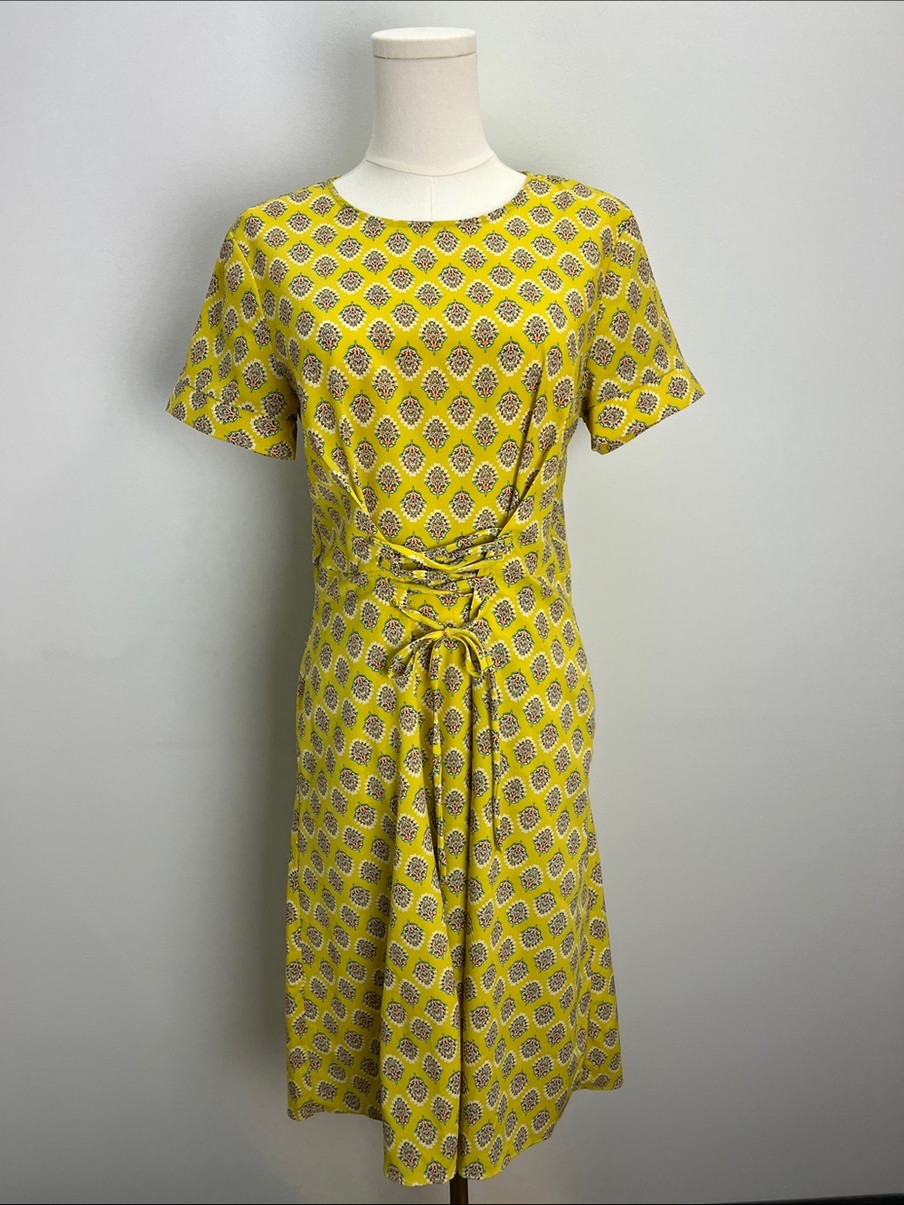 Banana Republic Corset Tie Front Midi Dress Chartreuse Print Cottagecore Size 4